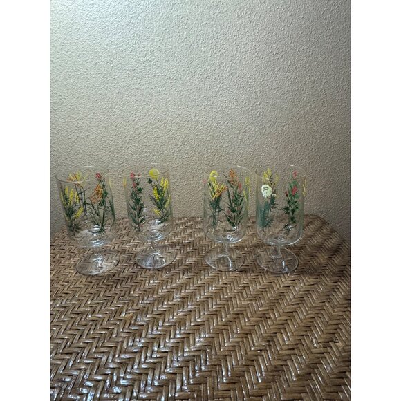 Vintage 1970s Neiman MarcusWeed and Wildflower Glass Tumbler CocktailSet of4